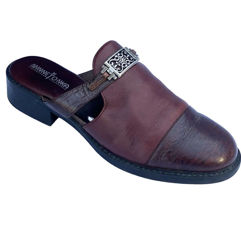 Minnetonka Mule Slide Leather Shoes Filigree Horsebit Buckle 7.5 Brown Cap 6052
